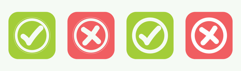 Green checkmark tick and red X icons. Set green approval check mark and red cross icons in circle isolated tick symbols.	