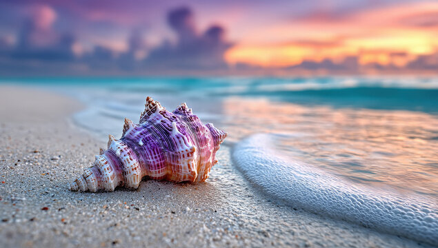 pink conch shell on sand at beach