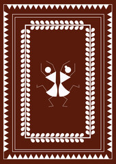 Beautiful Indian Traditional and Cultural Warli art concept of two couples celebrating isolated on dark brown background - vector illustration