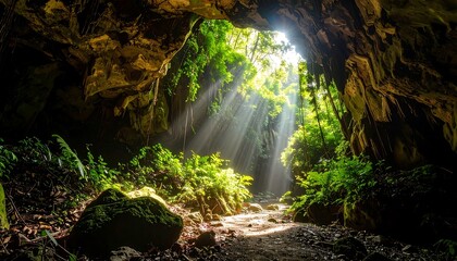 Sunlight streams through a cave entrance, illuminating a lush, green jungle setting within.