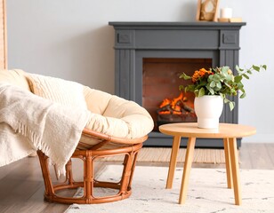 Cozy living room scene with a fireplace and armchair