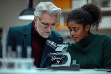 A senior scientist mentors a young female student, guiding her in using a microscope for scientific research.