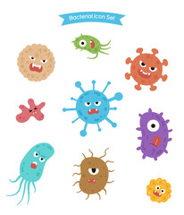 Fototapeta premium Cute Cartoon Bacteria Virus Germ Microbe Icon Set