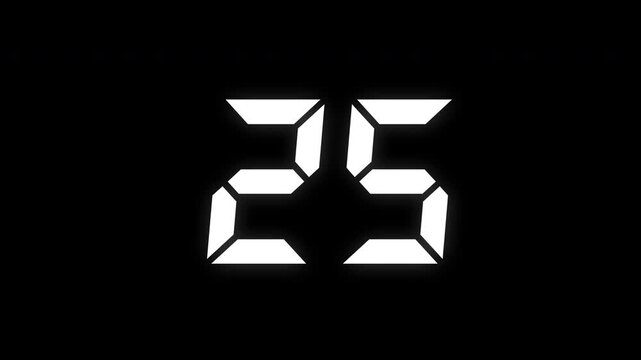 30 seconds countdown timer animation video with white digital letters on transparent background with alpha channel.