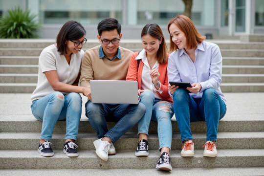 Group of Asian young adults sitting on outdoor steps collaborating on laptop and digital tablet, smiling and discussing project together, casual teamwork in urban setting
