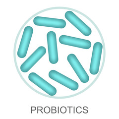 Probiotics, microbiome flora, lactobacillus bacteria in circle.