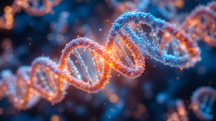 A glowing, artistic representation of chromosomes spiraling and aligning to represent the process of genetic recombination. 239
