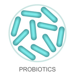 Probiotics, microbiome flora, lactobacillus bacteria in circle.