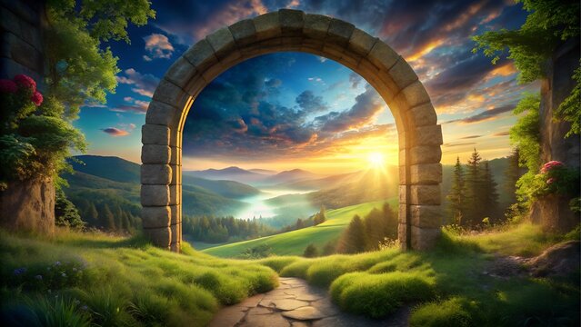 Ancient stone archway framing a scenic valley at sunrise