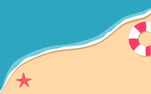 Sandy beach background with sea, swimming circle, starfish.