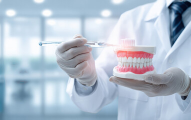 close up of dentist holding teeth at clinic