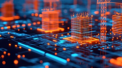 A futuristic digital landscape featuring glowing blue and orange architectural designs, symbolizing advanced construction and technology integration.