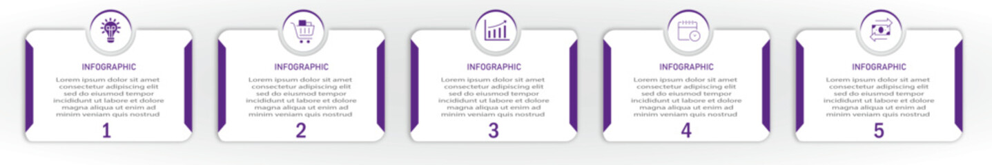 Timeline business process visualization with icon | Modern infographic design with circle and two side violet cover suit for web, corporate, presentation | 5 steps white diagram vector illustration