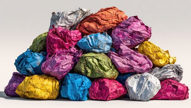 A mountain of crumpled, colorful paper