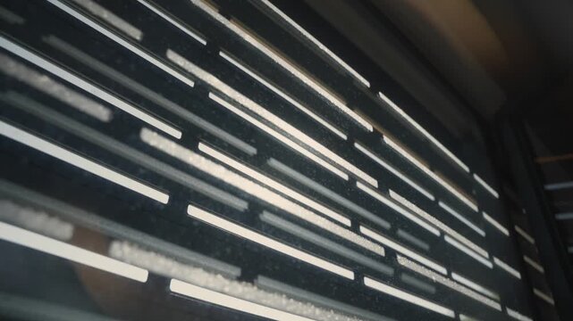 Bright sunlight shining through the metal slats of a modern apartment or house creating abstract pattern of light and shadow with beautiful lens flare effect. Hope and positive green energy solution