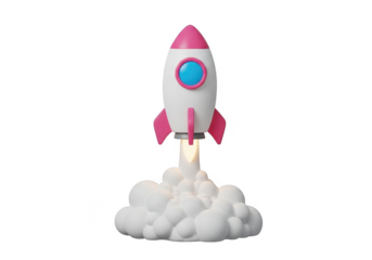Cartoon rocket launching with smoke isolated on transparent background