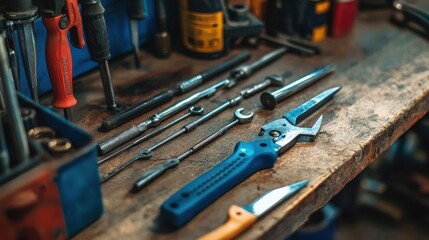 A cluttered workshop table with various tools and equipment, including a blue-handled knife, a screwdriver, and a drill. The table is made of wood and has a rustic,