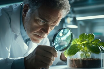 A scientist meticulously examines a plant using a magnifying glass in a laboratory setting, focusing on details for research or analysis.