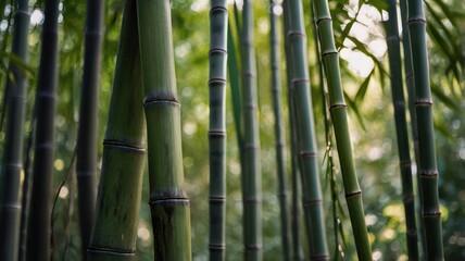 Fototapeta premium Tranquil Bamboo Forest with Sun-dappled Light and Soft Focus Bokeh.
