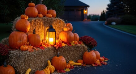 Festive autumn display featuring pumpkins hay bales and a glowing lantern light