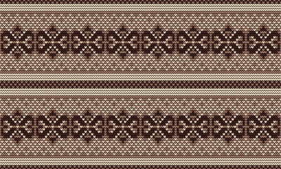 This knitted pattern has a dark brown, light brown, and cream color scheme. The center features a geometric pattern resembling flowers and hearts. It is suitable for winter or knitted sweaters. 