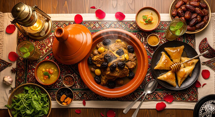 Authentic Maghrebi Iftar Spread: Steaming Tagine, Dates, Mint Tea, and Traditional Dishes