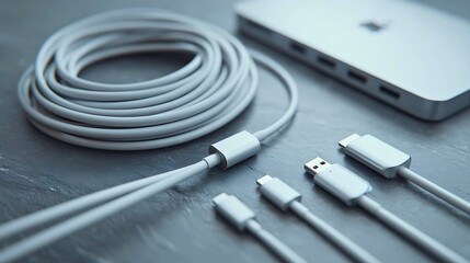 Modern technology accessories including a rolled charging cable and usb-c connectors for devices