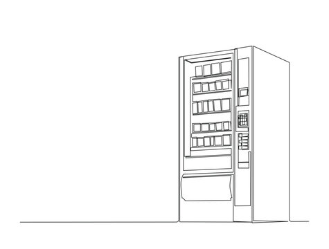 Continuous line art drawing of Snack and drink vending machine. Foof veding machine in single line art drawing vector illustration. Editable stroke.