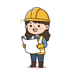 Cartoon illustration of a female construction worker wearing a hard hat and safety vest, holding and reviewing a blueprint.