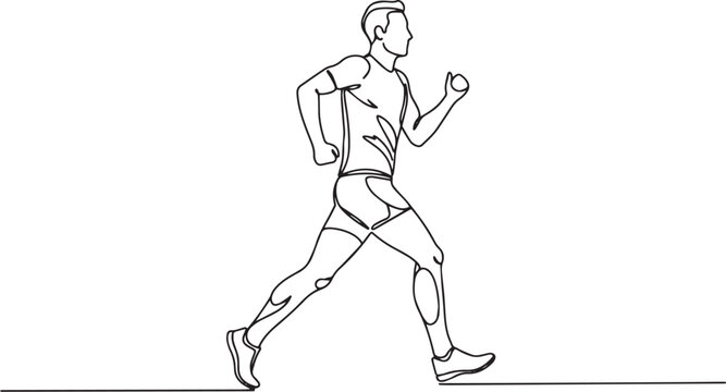 Continuous line drawing of a determined man running with unwaver