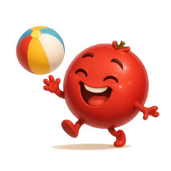 Joyful cranberry mascot plays with a striped beach ball on clean white background with soft shadow and copy space, concept of kids fitness and healthy eating