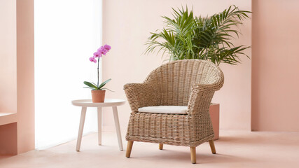 Minimalist Rattan Chair with Orchid Plant in Modern Interior Design