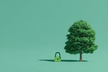 Conceptual Image of Nature Conservation with a Locked Padlock and Tree.