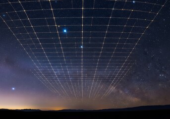 Celestial landscape with a luminous perspective grid stretching into the cosmos, illustrating concepts of digital space and the simulation theory