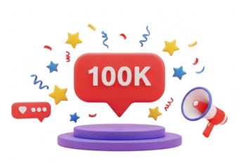 100k milestone celebration with confetti and stars isolated on transparent background