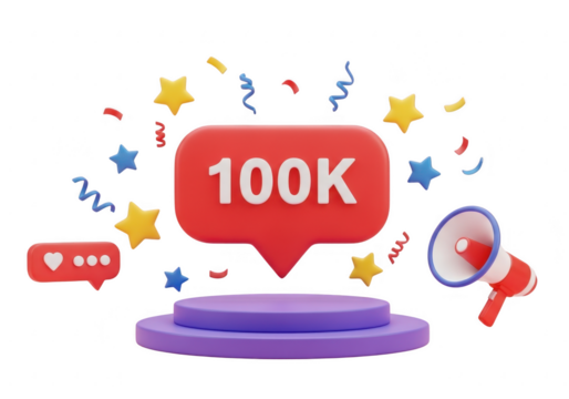 100k milestone celebration with confetti and stars isolated on transparent background