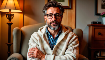 Bearded middle aged man sitting in armchair with arms crossed at home
