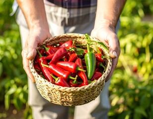 Farmer Holding a Basket Full of Freshly Harvested Red Chili Peppers in a Vibrant Garden Setting