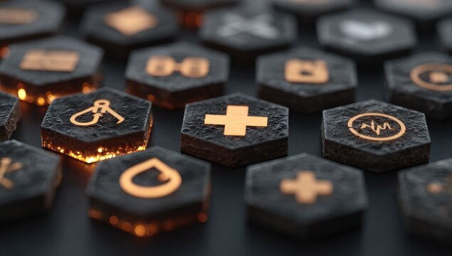 Hexagonal icons, glowing with orange, on dark background