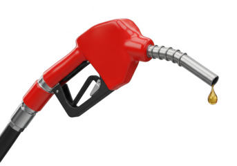 Red fuel pump nozzle with a drop of fuel isolated on transparent background
