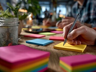 Hand Writing on Yellow Sticky Note Office Desk CloseUp.