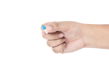 Hand holding one blue and white medicine pill capsule for a medical dose or treatment, isolated on white background with clipping path.