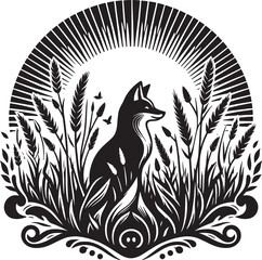 Elegant black and white fox illustration in a field with wheat and natural sunburst design
