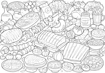 Fototapeta premium Detailed Sketch of Argentinian Asado Ingredients Ready for Color