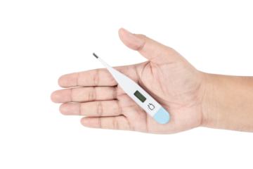 Digital thermometer on hand showing medical health care isolated on white background with clipping path.