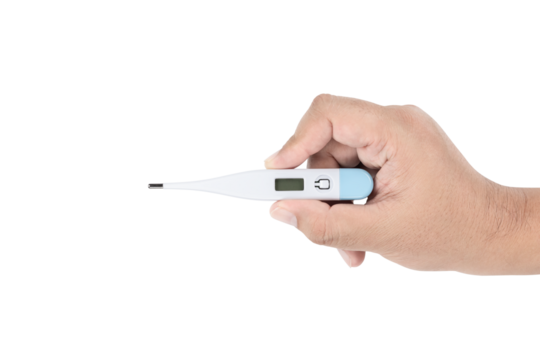 Hand holding a digital medical thermometer for health check isolated on white background with clipping path. - Powered by Adobe