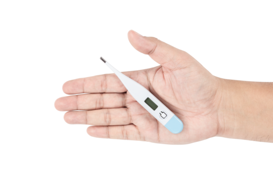 Digital thermometer on hand showing medical health care isolated on white background with clipping path.