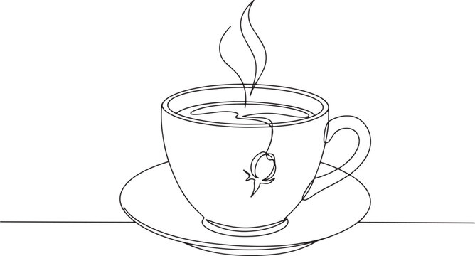 Elegant continuous line drawing of a steaming cup of rose tea on