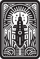 Illustrative Black and White Artwork of a Submarine in an Art Deco Style for Design