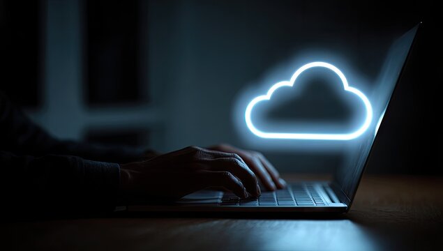 Hands typing on a laptop with a glowing blue cloud computing icon representing online data storage and technology in a dark room. - Powered by Adobe